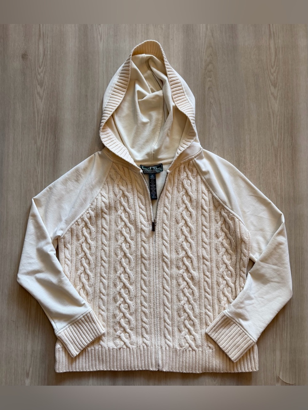 Ralph Lauren Women’s Active Cream Cable-Knit Zip-Up Hoodie Cardigan Sz M